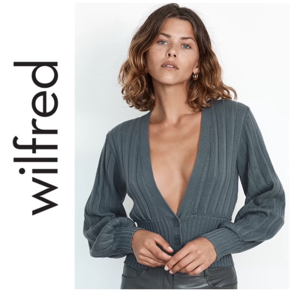 Wilfred Plunge Front Cardigan Shadow Blue Merino Wool Teal Knit V Neck Sweater